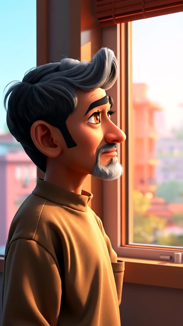 A 3D-animation scene of Raj standing by a large window, gazing outside with a thoughtful expression, soft natural light illuminating his face, capturing a reflective mood. Camera slowly dollies in to accentuate his contemplative stance. The background features a serene cityscape. The audio features gentle ambient sounds.