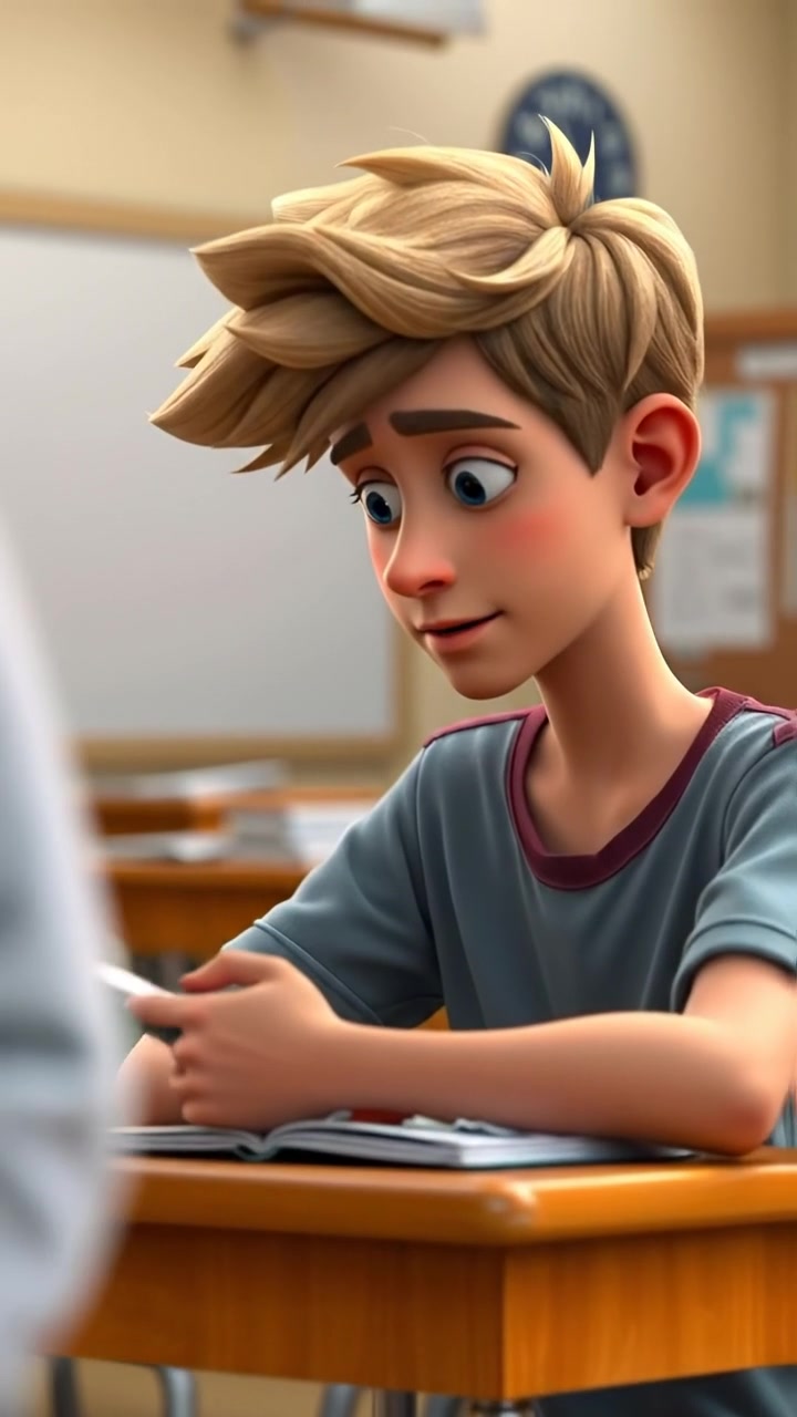 A 3D animation of Ryan sitting quietly at his classroom desk, gazing thoughtfully at his open notebook, bathed in warm, natural classroom lighting with soft shadows, camera smoothly dolly-in for a close-up. The background features colorful educational posters, creating a calm and focused atmosphere. The audio features subtle classroom ambiance with distant chatter.