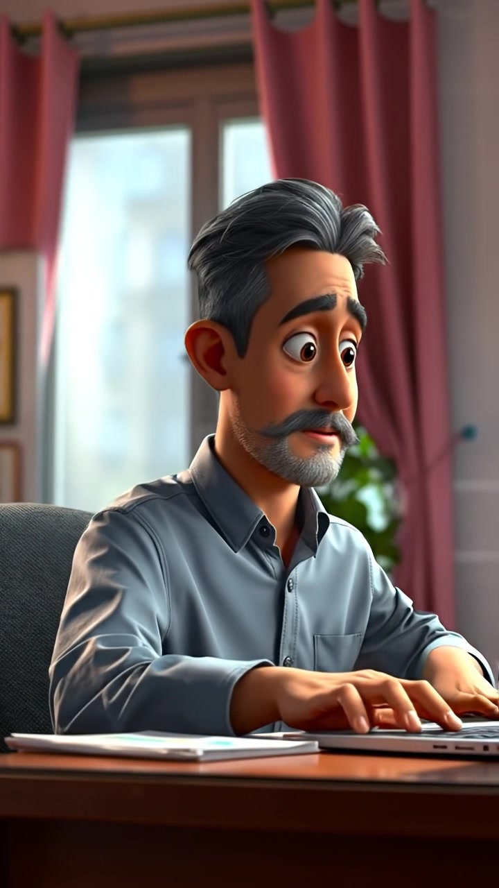 A 3D animated scene of Raj sitting at a desk with a laptop open, gazing curiously at the screen. Bright, natural lighting highlights his focused expression, with smooth camera panning across the scene. The background features a modern office environment with soft shadows. The audio features subtle office ambient sounds.