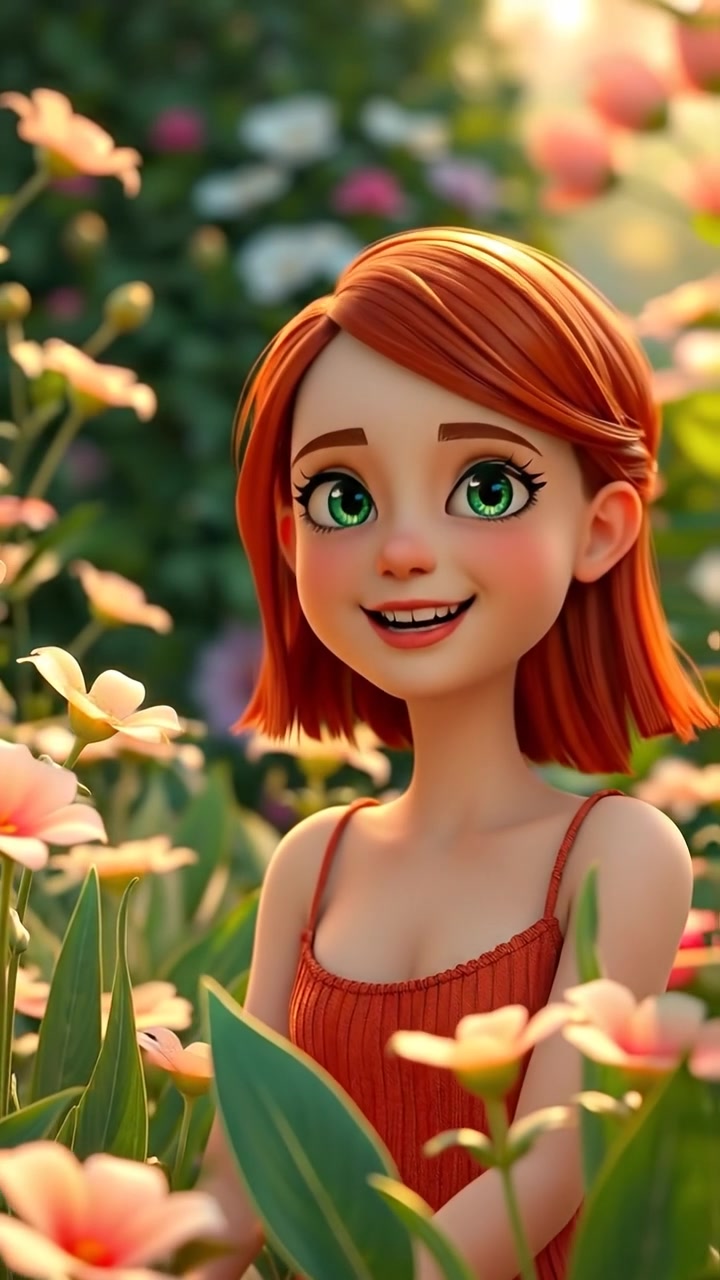 A 3D animated scene of Emma smiling brightly in a vibrant garden, filled with blooming flowers and lush green foliage. Natural lighting highlights her cheerful expression, with smooth camera movement capturing the colorful surroundings. The background features gentle rustling leaves and blooming petals, with soft ambient sounds of nature.