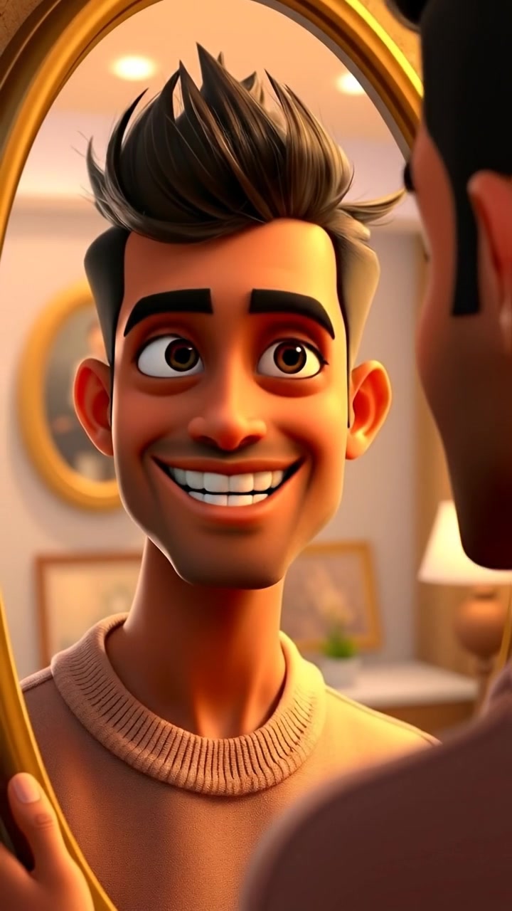 A 3D animation of Arjun smiling confidently at himself in a sleek, modern mirror, with soft lighting highlighting his expression. The scene features smooth camera movement, capturing his reflection and subtle details of his face, set against a stylish room backdrop. The audio features ambient city sounds in the background.