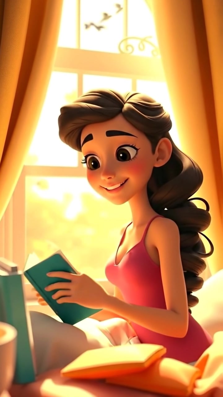 A 3D animated scene of Maya waking up in her cozy bedroom, warm sunlight streaming through the window illuminating soft bedding and personal decor, with a gentle camera zoom-in capturing the peaceful morning atmosphere. The background features ambient morning sounds of chirping birds and subtle indoor ambiance.