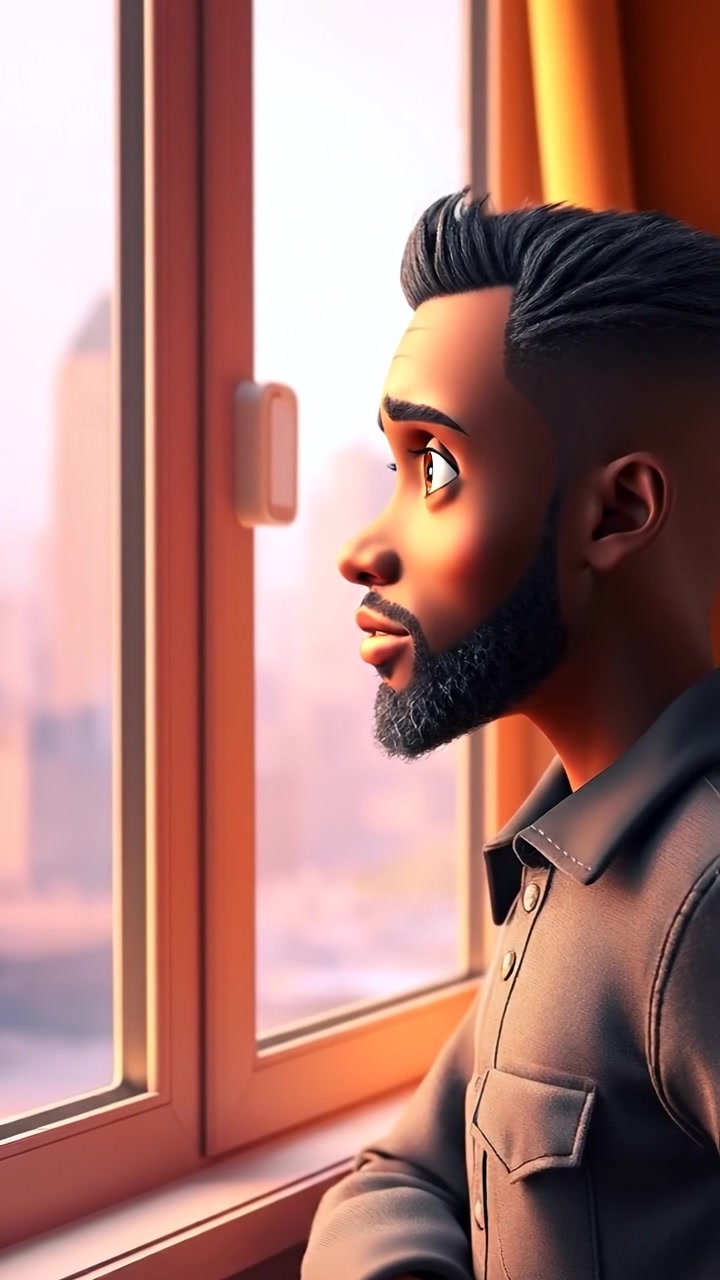 A 3D animated scene of Kwame standing pensively next to a window, gazing outward with a thoughtful expression, bathed in soft natural light, with high detail and smooth camera movement capturing his contemplative mood. The background features a calm urban skyline, with gentle ambient sounds of city life in the background.