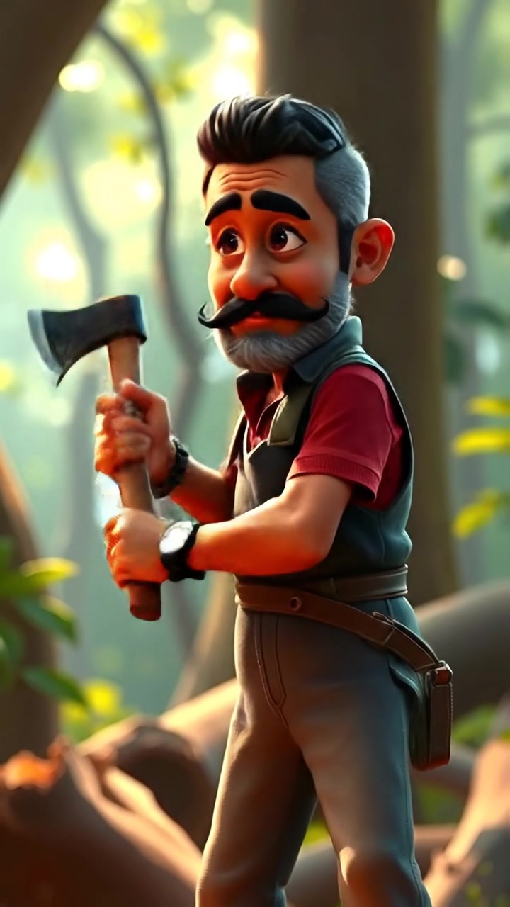 A 3D animated scene of Raj in a lush forest, gripping a sturdy axe with a focused expression, actively chopping wood. Natural lighting highlights the textures of the trees and ground, with smooth camera movements capturing his determined stance. The background features ambient forest sounds.
