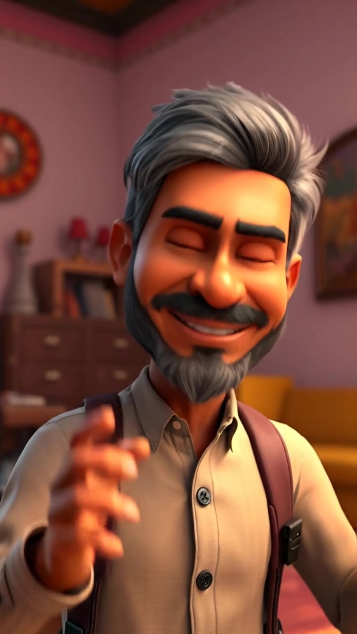 A 3D animated scene featuring Raj smiling broadly and gesturing enthusiastically with his hands, under warm, soft lighting with smooth camera movements capturing his expressive face and lively body language. The background is vibrant and detailed, conveying energy and excitement. The audio features ambient upbeat music.