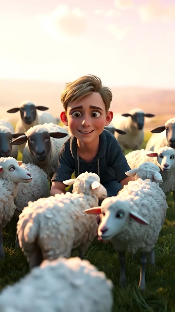 A 3D animated scene of Ryan kneeling beside a flock of sheep, gently guiding them with a warm smile. Natural lighting illuminates the serene pasture, high detail textures, smooth camera dolly shot capturing the tender moment. The background features lush green fields under a soft overcast sky. The audio features gentle breezes and distant sheep bleats.