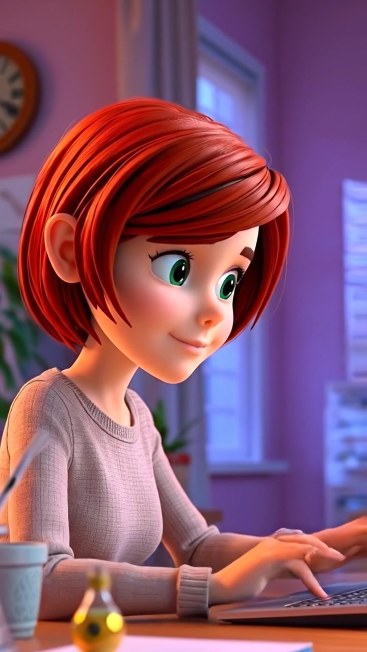 A 3D animated scene featuring Emma with a determined expression, intently looking at her computer screen in a modern office. Soft ambient lighting highlights her focused face, with smooth camera movement capturing her in a dynamic workspace. The background features a sleek, tech-filled environment. The audio features subtle keyboard typing sounds.