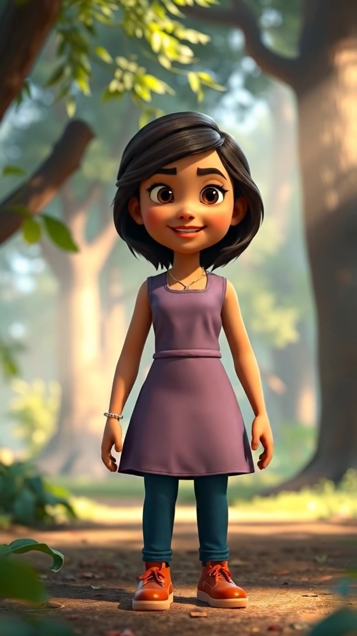 A confident woman named Priya stands in a lush forest clearing, sunlight filtering through the leaves, rendered in vibrant 3D animation style. The scene features soft, natural lighting, detailed foliage, and smooth camera movement to emphasize her poised stance. The background audio features gentle forest sounds.