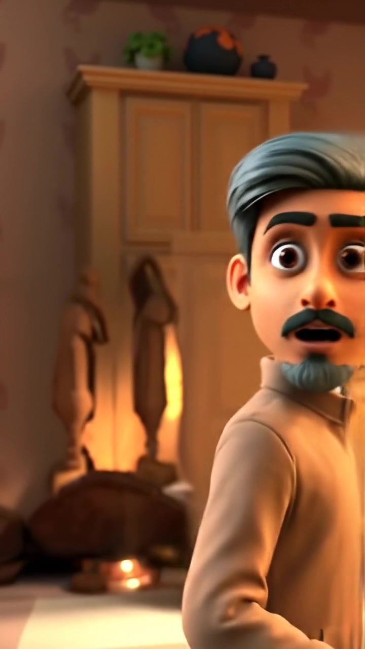 A 3D animated scene of Raj swiftly turning around in a sparse, empty room with a surprised expression. Natural lighting emphasizes facial details, and smooth camera motion captures the quick movement. The background features minimalistic decor under soft shadows, creating a focused atmosphere. The audio features subtle ambient sounds.
