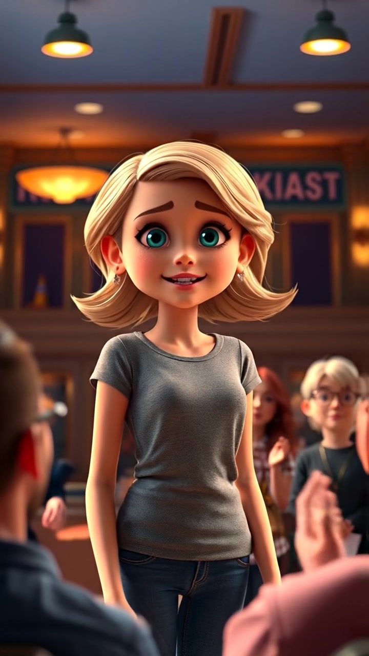 A 3D animation of Ashley standing confidently on stage in front of an audience, her voice resonating through the room. The scene features natural lighting, high detail, and smooth camera movements, capturing her commanding presence. The background audio features subtle applause and echoing voice projection.