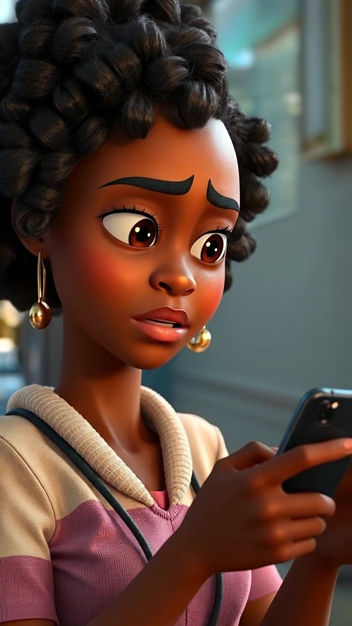 A close-up of Nia in 3D animation style, texting on her smartphone with a concerned expression. Natural lighting highlights her features, smooth camera movement focuses on her face and hands, with soft shadows creating depth. The background is softly blurred, emphasizing her emotions. The audio features ambient city sounds.
