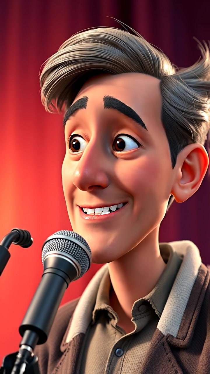 A 3D animated scene featuring a mid-shot of Mark speaking into a microphone, looking calm and confident. Natural lighting highlights his focused expression, with smooth camera movement emphasizing his presence. The background is softly blurred, creating depth. The background audio features subtle audience applause.