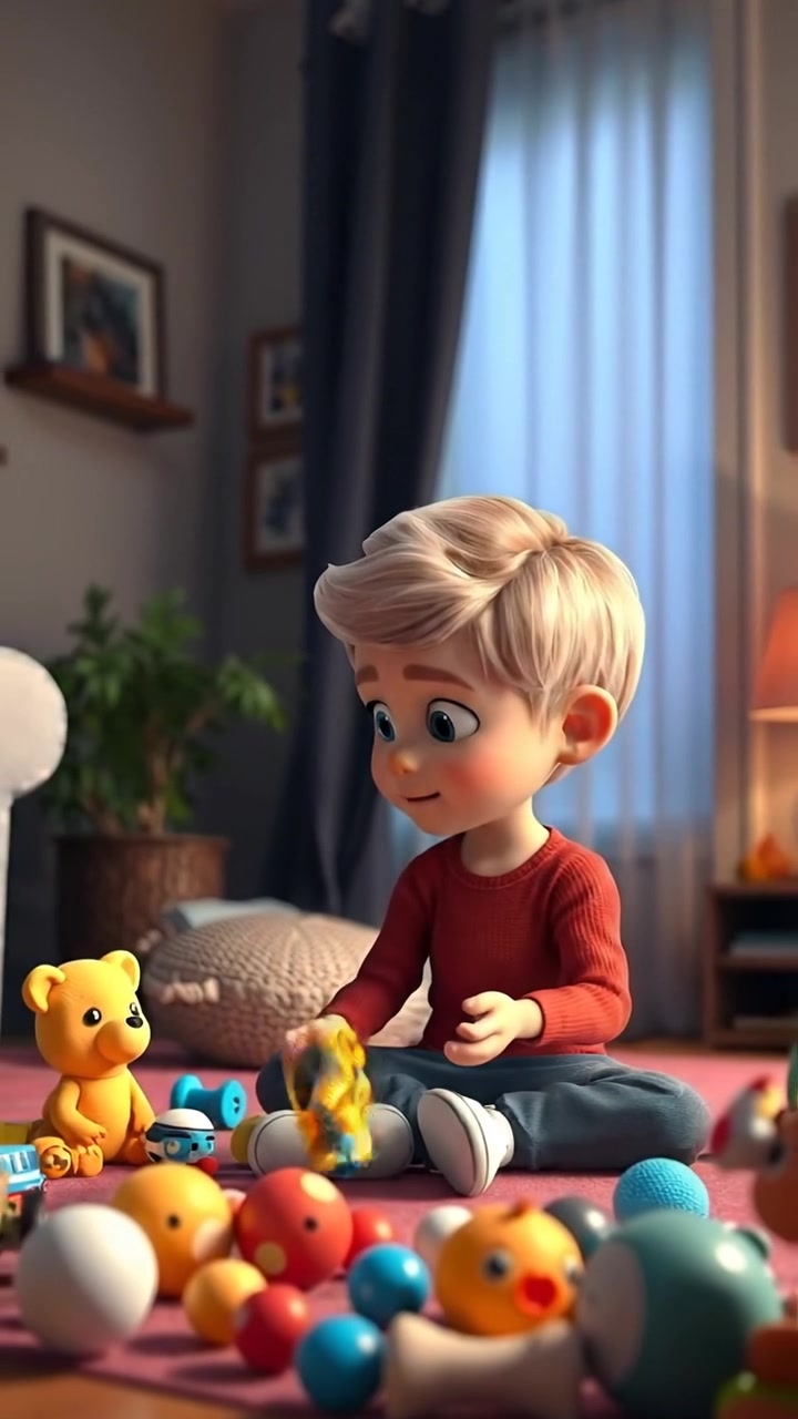 A 3D animation of Ryan, a young boy, sitting on the floor in a cozy living room, surrounded by colorful toys. The scene features warm, soft lighting, gentle camera movement capturing his playful environment, with smooth textures and high detail. The background audio features gentle ambient sounds of a quiet home.
