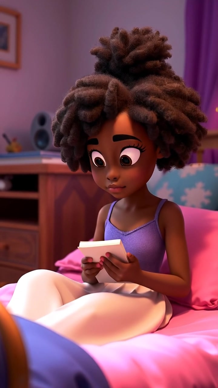 A 3D animated scene of Nia sitting on her bedroom bed, deep in thought with a notebook. The room is warmly lit with soft shadows, featuring detailed furnishings and a cozy atmosphere. The camera gently zooms in with smooth motion. The background audio features soft ambient music.