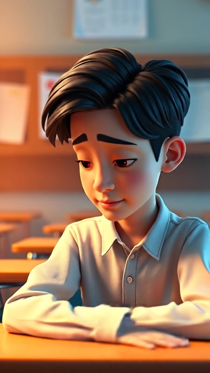 A 3D animation of Ken sitting alone at a classroom desk, looking down with a somber expression, illuminated by soft natural light with subtle shadows. The camera smoothly dollys in, capturing the mood with detailed textures and a gentle focus shift. The background features a quiet classroom atmosphere. The audio features soft ambient classroom sounds.