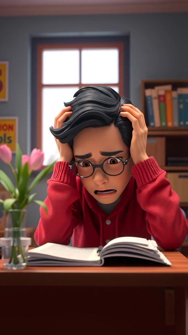 A 3D animation of Ken with his hands on his head, leaning over his homework on a cluttered desk illuminated by warm, soft lighting, captured with smooth camera motion emphasizing his expression of frustration. The background features a cozy room with gentle shadows, and the sound of ticking clock and faint keyboard typing accompanies the scene.