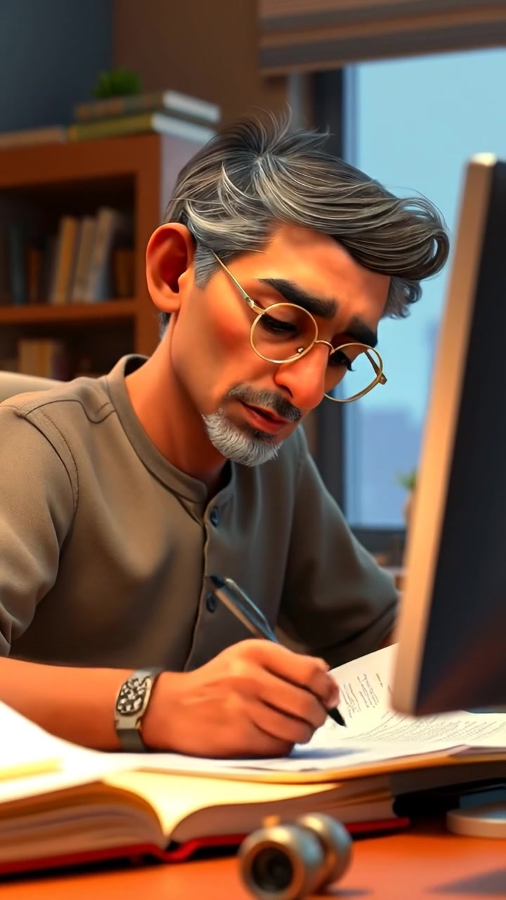 A 3D animation of Raj sitting at his desk, surrounded by scattered papers and a computer, with focused expression. Natural lighting highlights detailed textures, smooth camera zooms in on his concentration, and a warm ambiance sets a productive mood. The audio features gentle keyboard typing sounds.