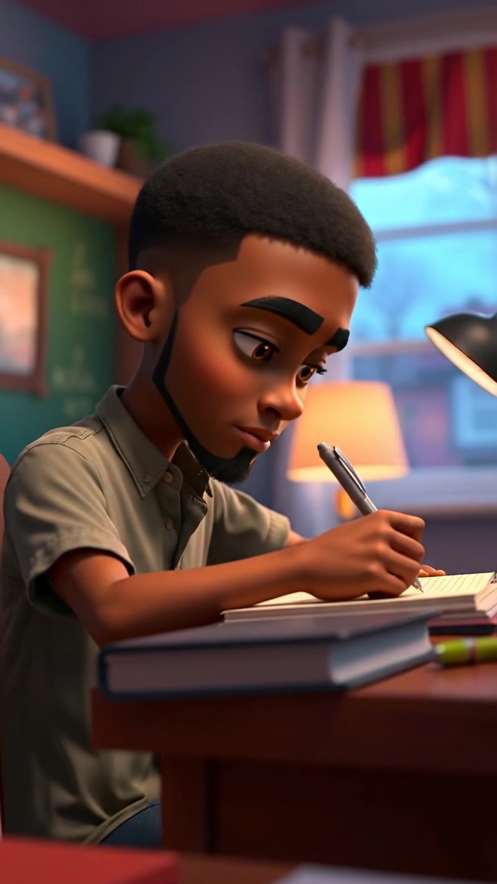 A 3D animated scene of Isaiah sitting at a desk, deeply focused and thoughtfully writing in a notebook with a pen. The environment is lit with warm, natural light, emphasizing details of his concentrated expression and the textured desk surface. Smooth camera push-in. The background features a cozy, softly lit study. The audio features gentle ambient room sounds.