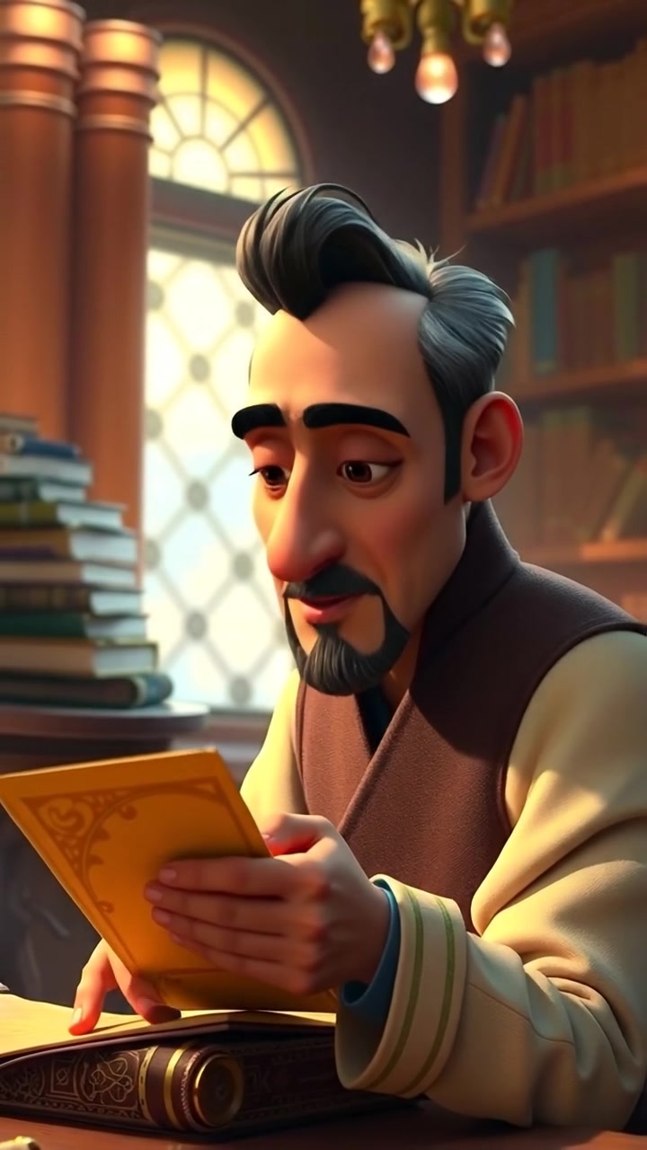 A 3D animated scene featuring Omar in a richly detailed study, surrounded by ancient scrolls and towering bookshelves. Omar is deep in thought, examining scrolls with a contemplative expression, under warm, ambient lighting. Smooth camera movement enhances the scholarly atmosphere. The background audio features soft ambient sounds of a quiet, scholarly environment.