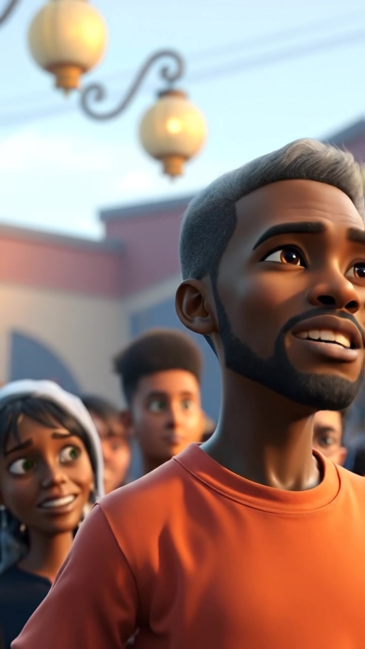 A 3D animation of Kwame standing confidently in front of a diverse crowd, passionately speaking about his philosophy under warm sunset lighting with soft shadows, smooth camera zoom-in to capture his expression, vibrant colors and detailed textures. The background features a calm, open outdoor setting. The audio features a gentle, inspiring instrumental soundtrack.