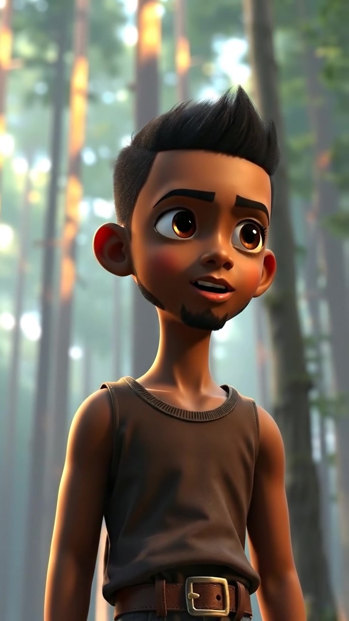 A 3D animated scene of Isaiah standing at the edge of a dense forest, looking determined and brave, with tall trees towering around him. The environment features natural lighting, high detail, and smooth camera movement capturing a wide shot. Soft shadows and a serene outdoor ambiance. The audio features gentle forest sounds.