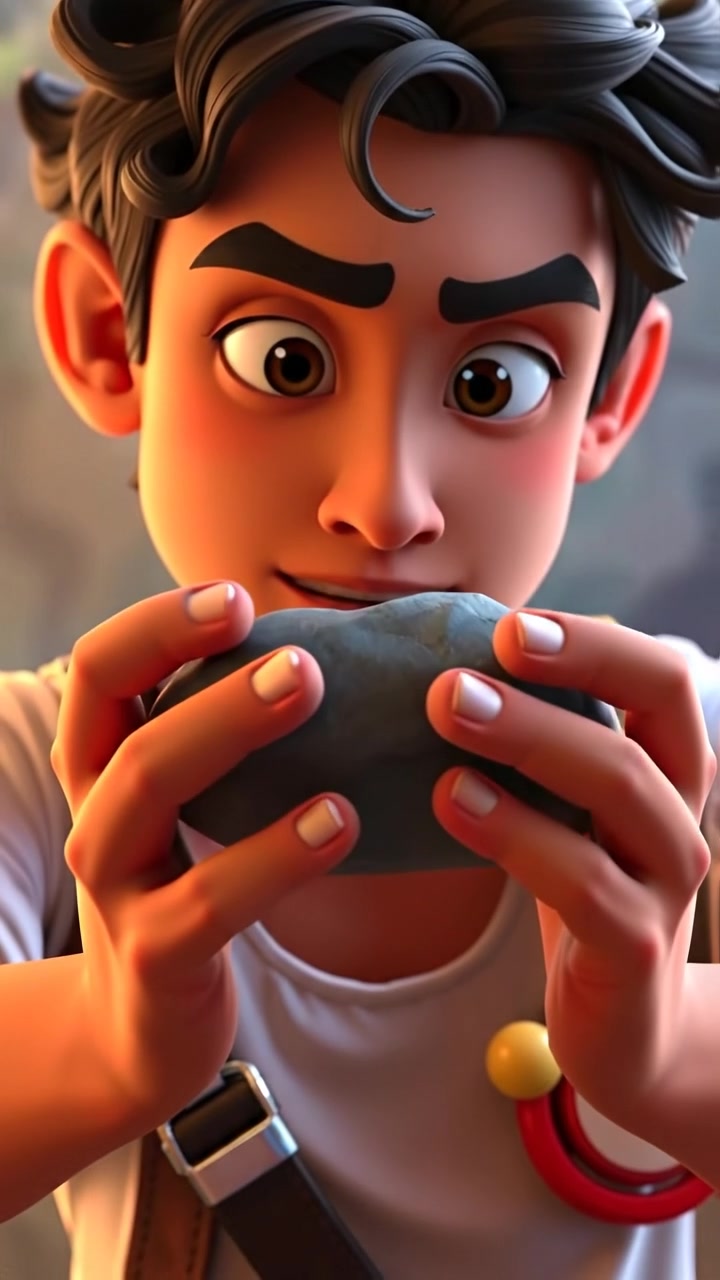 Close-up of Mateo's hands holding a smooth stone, detailed 3D animation with natural lighting highlighting textures, soft shadows, emphasizing focus and anticipation, cinematic depth of field, slow camera zoom, warm tones. The background features a serene natural setting. The audio features gentle ambient sounds of nature.