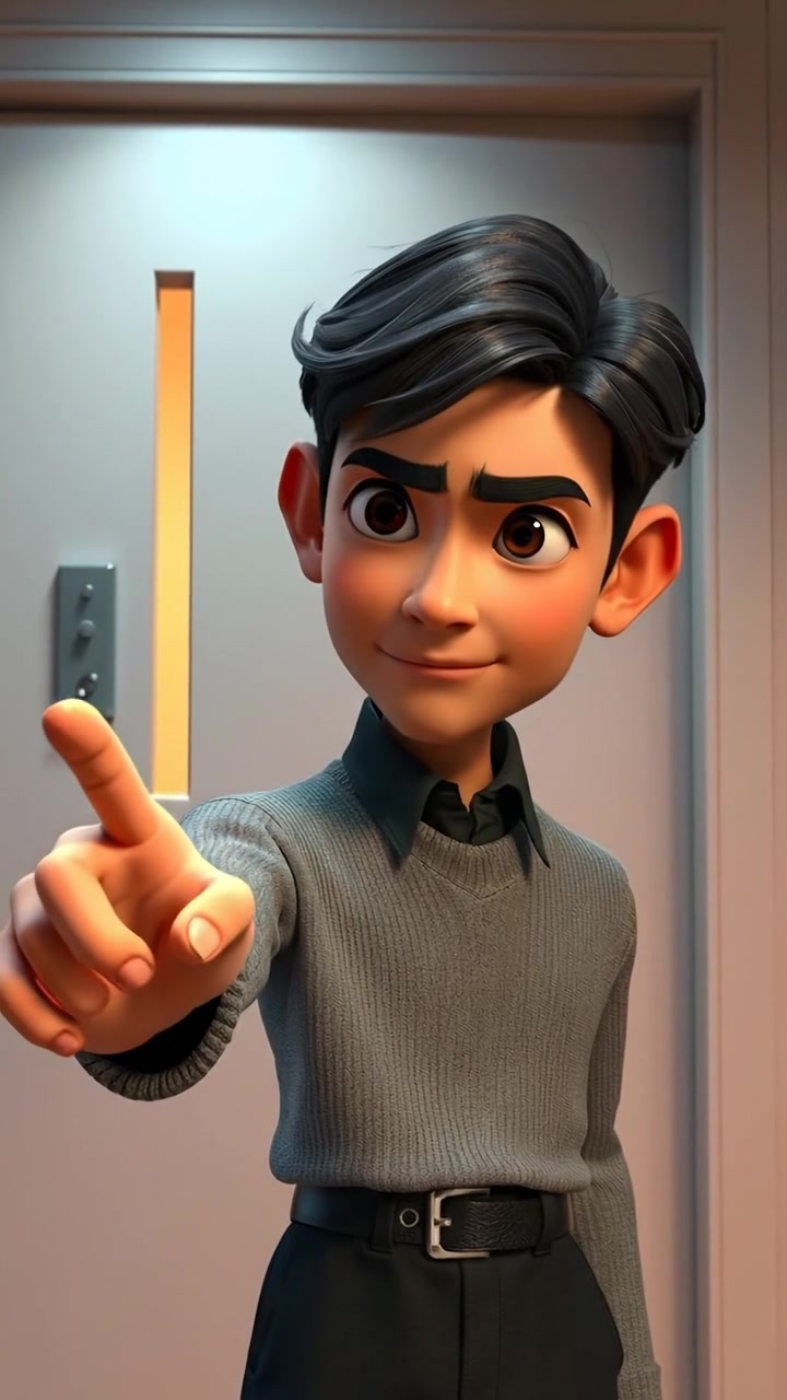 A 3D animation of Hiro passionately gesturing decisively towards a door with a firm expression, captured in a dynamic shot with smooth camera movement and natural lighting, emphasizing detailed textures and realistic shadows. The background features a dimly lit corridor, and the scene is accompanied by ambient sounds of a quiet, tense environment.