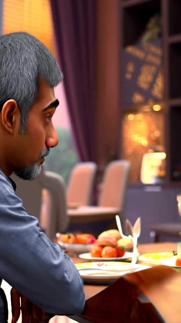 A 3D animated scene of Raj sitting thoughtfully at a dining table, soft natural lighting illuminating his contemplative expression, with smooth camera movement capturing his profile and the elegant table setting. The background features a cozy, warmly lit room with subtle shadows. The audio features gentle ambient sounds of a quiet home.