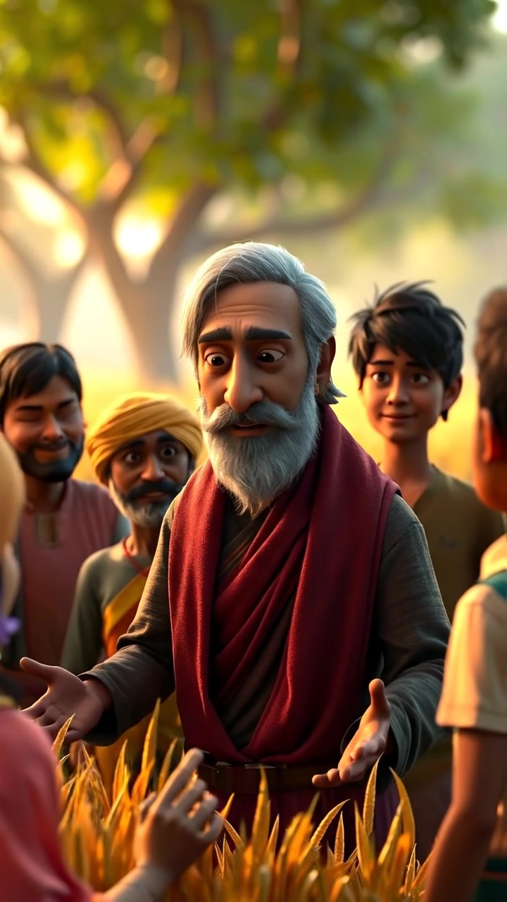 A 3D animation of villagers gathering around Raj in a vibrant rural setting, praising him for a successful harvest, with warm sunlight illuminating the scene, detailed character expressions, and smooth camera rotation capturing the joyful atmosphere. The background features lush fields. The audio features cheerful village sounds.