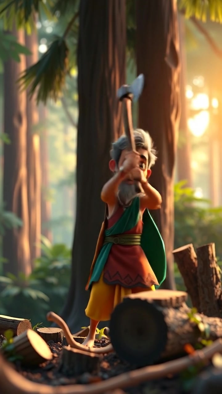 A 3D animation of the Raj chopping wood amidst a dense forest with tall towering trees, captured in a dynamic camera shot with natural lighting, high detail, and smooth movement. The scene exudes a peaceful, earthy atmosphere with soft shadows. The background features the sounds of rustling leaves and distant bird calls.