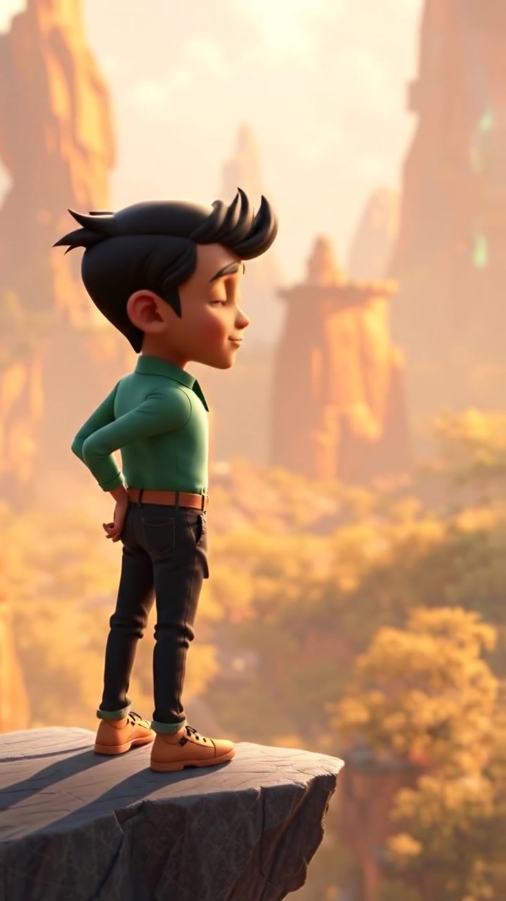 A 3D animated scene of Arjun standing confidently on a rugged cliff edge, gazing with determination at the expansive, magical forest below. Natural lighting highlights vivid colors and fine details, with a gentle breeze swaying his cloak. The background features a mystical, lush landscape. The audio features soft wind sounds.