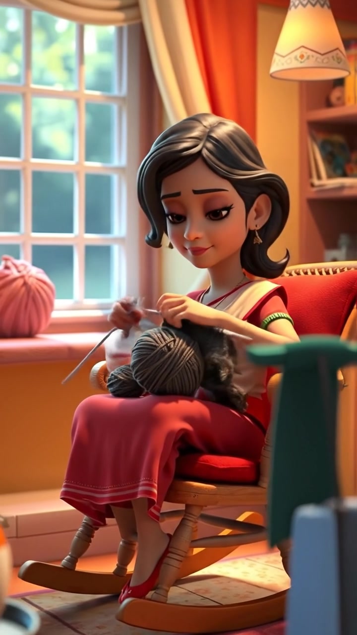 Asha sitting in a cozy corner on a 3D animation style rocking chair, knitting yarn with warm ambient lighting, soft shadows, and smooth camera zoom-in. The background features a softly lit, inviting living room with plush cushions and a glowing fireplace. The audio features gentle crackling of the fireplace.
