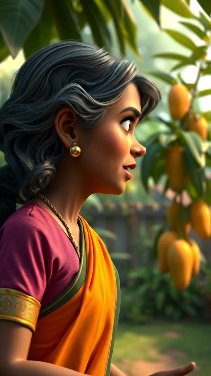 Asha, in a vibrant 3D animation style, stands at a distance observing a lush mango tree with a jealous expression, bathed in warm sunlight that highlights detailed textures of leaves and fruit. The scene features smooth camera glides with soft shadows, conveying a tranquil yet emotional atmosphere. The audio features gentle forest sounds in the background.