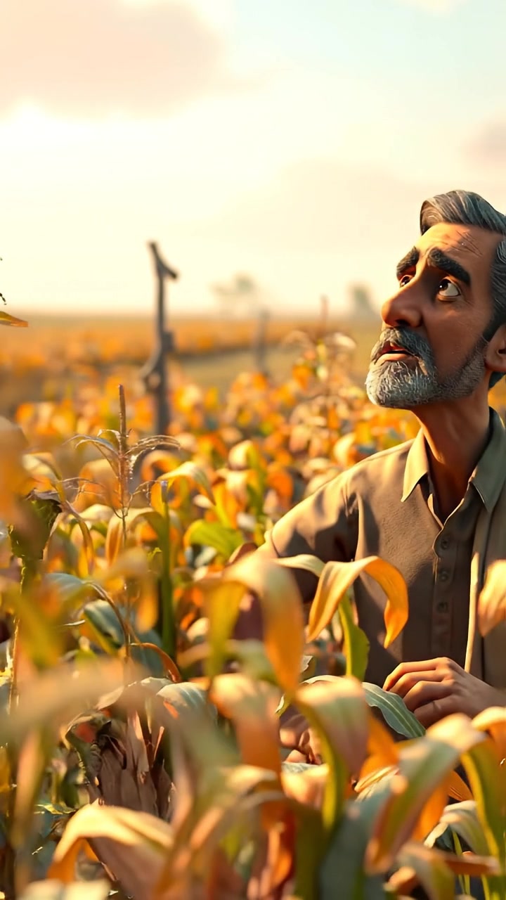 A 3D animation of dry, wilted crops in Raj's field during a hot, overcast day, with soft shadows and golden tones emphasizing drought. Smooth camera movement captures the desolate landscape, highlighting stressed plants under a muted sky. The background features a quiet, breezy rural environment, with the sound of wind rustling through dry leaves.