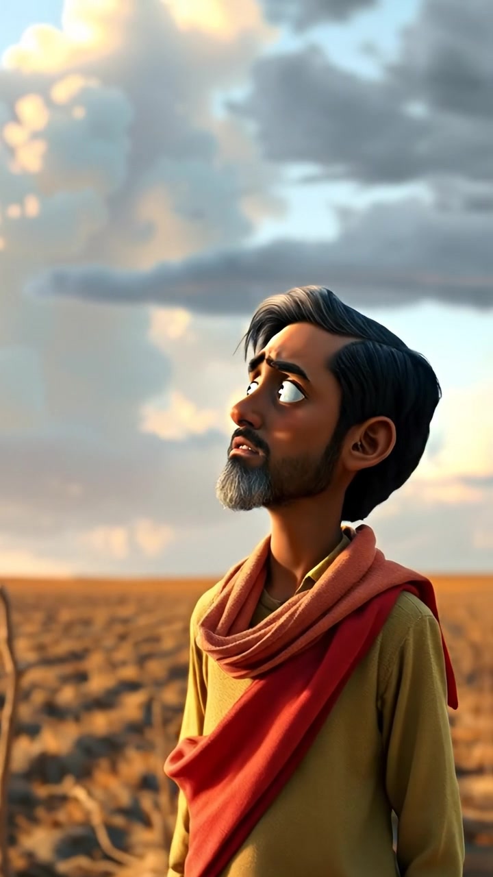 A 3D animation of Raj standing in a barren field with worried expression as dark storm clouds gather overhead, cinematic lighting with subtle shadows, slow camera zoom emphasizing suspense, in a desolate, windswept setting. The background audio features distant thunder and gusty wind.