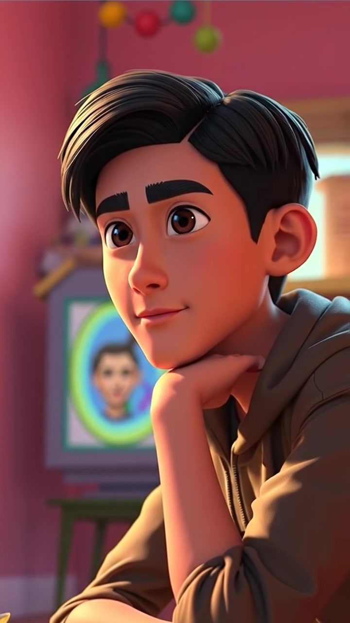 A 3D animated scene featuring Ken deep in thought, resting his chin on his hand in a softly lit, detailed environment. The camera slowly zooms in with smooth motion, emphasizing his contemplative expression. Warm tones and gentle shadows create a calm, introspective atmosphere. The background audio features subtle ambient sounds.