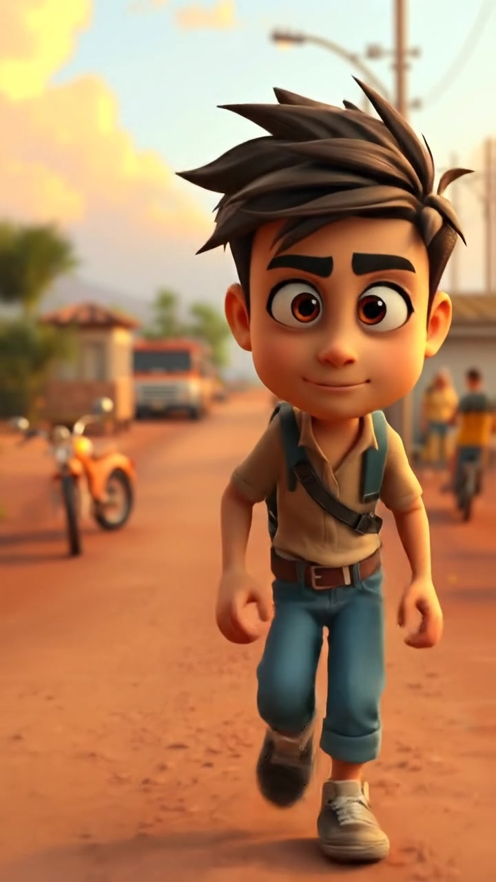 A 3D animation of Mateo walking down a dusty, sunlit road with a determined expression, bathed in warm, natural lighting. The camera features a smooth dolly shot emphasizing his purposeful stride, set against a rural landscape with soft shadows. The background audio features tranquil wind sounds.