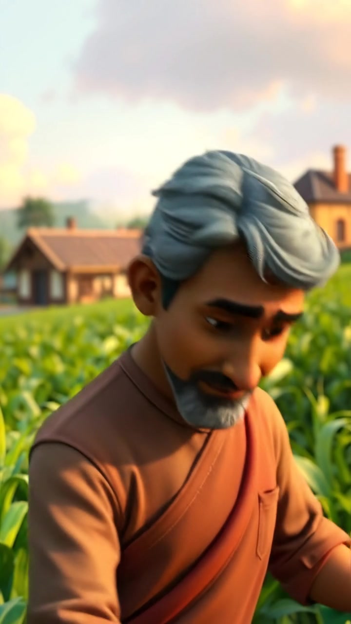 A 3D animated scene of a rural village featuring a lush field and a traditional farmhouse. Raj is actively tending to the crops under warm, natural sunlight, with gentle camera movement capturing the peaceful countryside. The background audio features soft chirping of birds and rustling leaves.