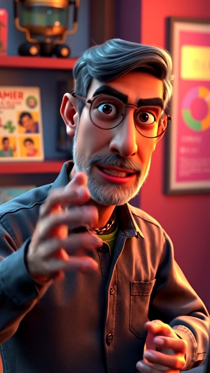 A 3D animated scene of Raj passionately explaining with expressive hand gestures in a well-lit setting with soft shadows and smooth camera motion, capturing his dynamic movements. The background features a modern, professional environment with natural lighting. The audio features subtle ambient sounds of a busy workspace.
