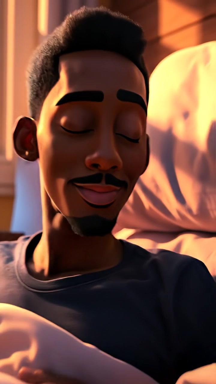 A 3D animation of Isaiah waking up in bed, with sunlight streaming softly through the window, casting warm glow and gentle shadows across the room. Smooth camera zooms in to capture his awakening moment, emphasizing a peaceful morning atmosphere. The audio features gentle morning birds and ambient sounds.