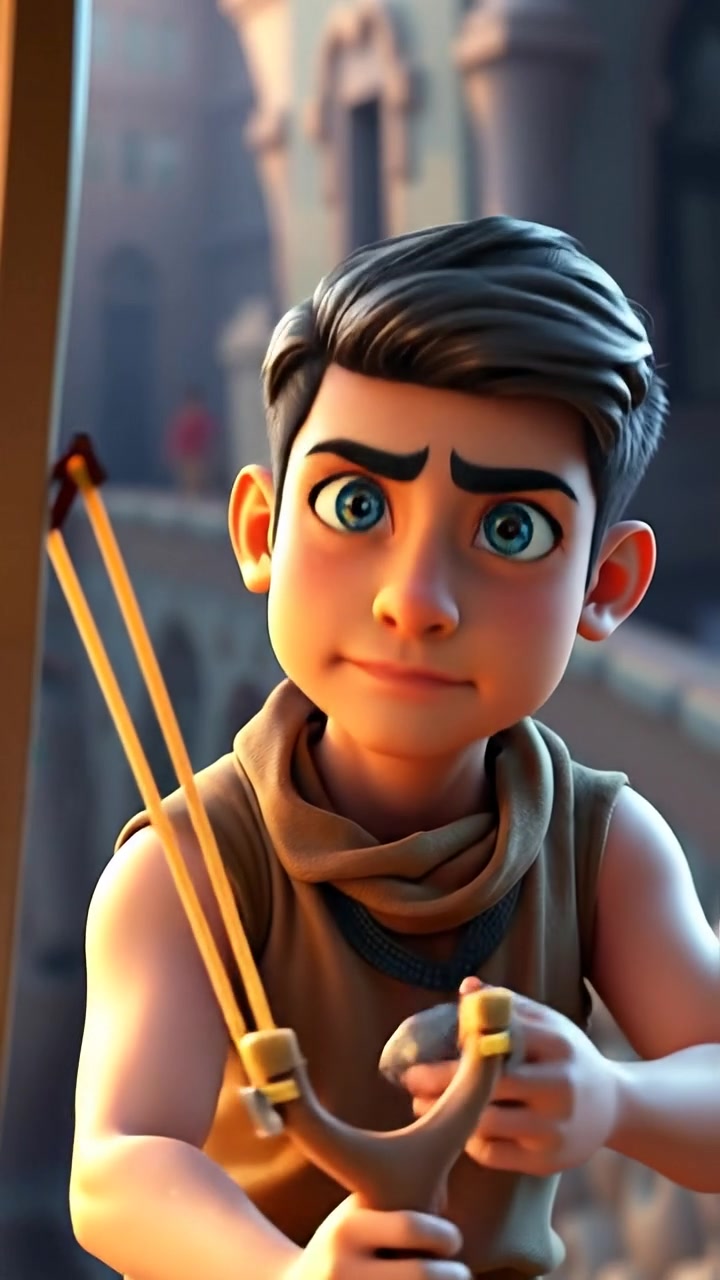 A 3D animated scene of Amir with a determined expression, preparing to launch a stone from his slingshot, under soft lighting with smooth camera movement. The background features a blurred natural landscape with warm tones and gentle shadows. The audio features ambient outdoor sounds.