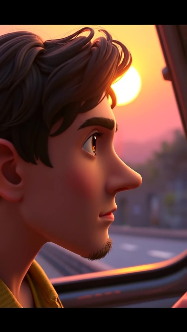 A close-up of Mateo's determined face with focused eyes, set against a vivid sunset scene, rendered in detailed 3D animation. Soft glow of the setting sun highlights his features, with smooth camera motion emphasizing intensity and resolve. The background features warm tones and gentle shadows. The audio features calming ambient music.