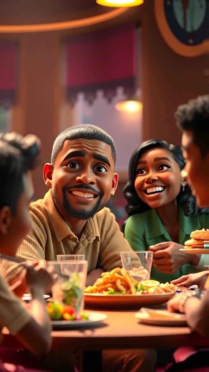 A 3D animation of Kwame sitting at a table, observing friends joyfully eating together under warm natural light, with soft shadows and a lively, inviting atmosphere. Capture a smooth camera pan over the cheerful scene, with background ambient sounds of laughter and clinking dishes.