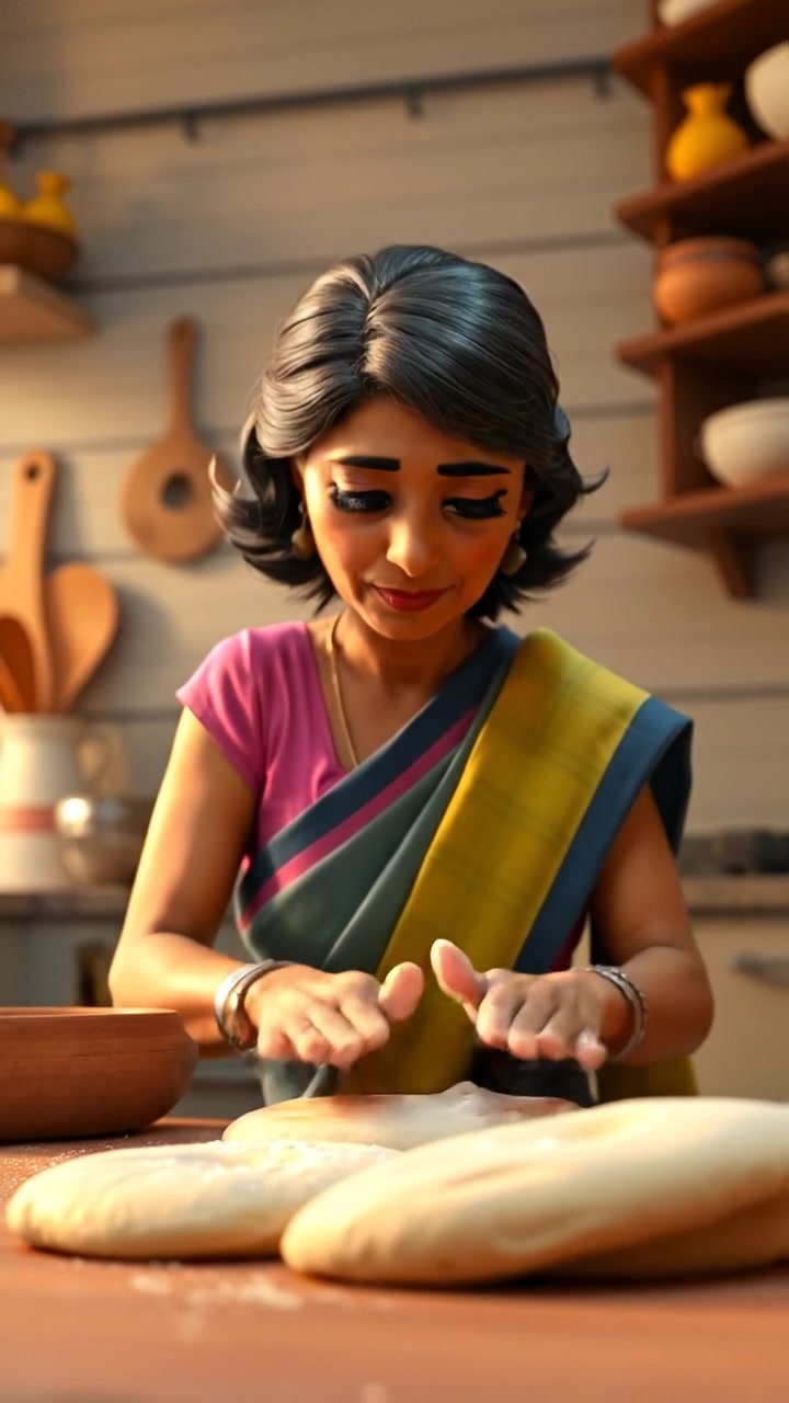 Asha in a vibrant 3D animation style, rolling out dough for flatbreads in a cozy kitchen with warm natural lighting, detailed textures of flour on her hands, and a rustic wooden countertop; gentle camera dolly shot emphasizing her focused expression. The background features soft kitchen sounds and the aroma of fresh baked bread.