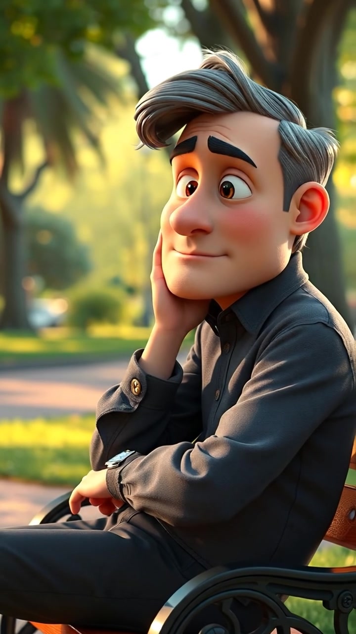 A close-up shot of Mark sitting on a park bench, deep in thought with his head resting on his hand, in a detailed 3D animation style. Natural lighting highlights his contemplative expression, with a soft-focused park background. The scene features smooth camera movement and a serene ambiance, with gentle background music of rustling leaves.