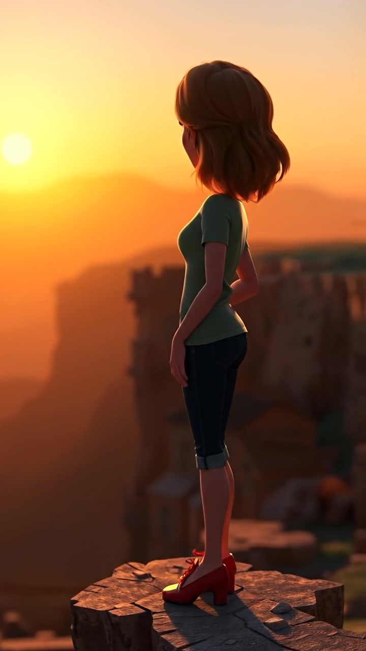 A silhouette of Ashley standing confidently at the edge of a cliff during sunrise, with warm golden tones illuminating the scene, soft shadows and a serene sky. Captivating 3D animation style with smooth camera slowly dolly-in. The audio features gentle morning wind and distant birdsong.