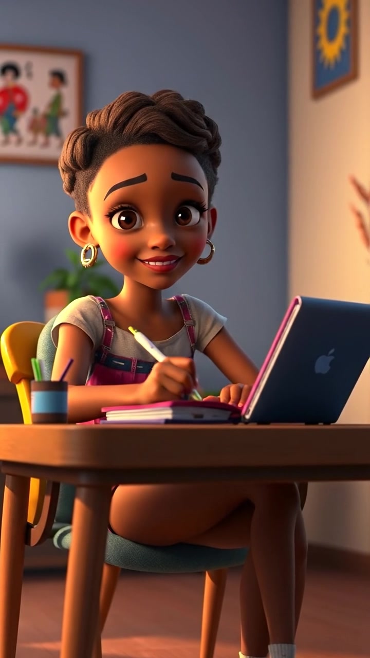 A 3D animated scene of Nia sitting at a desk, writing in her gratitude journal with a thoughtful expression. The setting features warm, natural lighting, soft shadows, and detailed textures. Smooth camera movement captures her focused moment against a cozy, well-lit background. The audio features gentle ambient sounds.