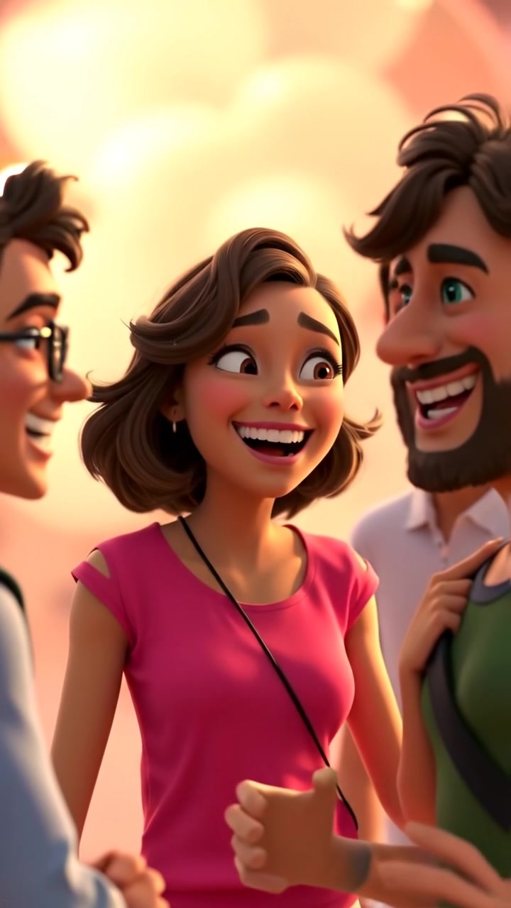 A 3D animated scene of Maya sharing joyful laughter with friends, captured in a lively, warmly lit setting with smooth camera movement that emphasizes their happy expressions; the background is vibrant and dynamic. The audio features cheerful ambient sounds of friendly chatter and laughter.