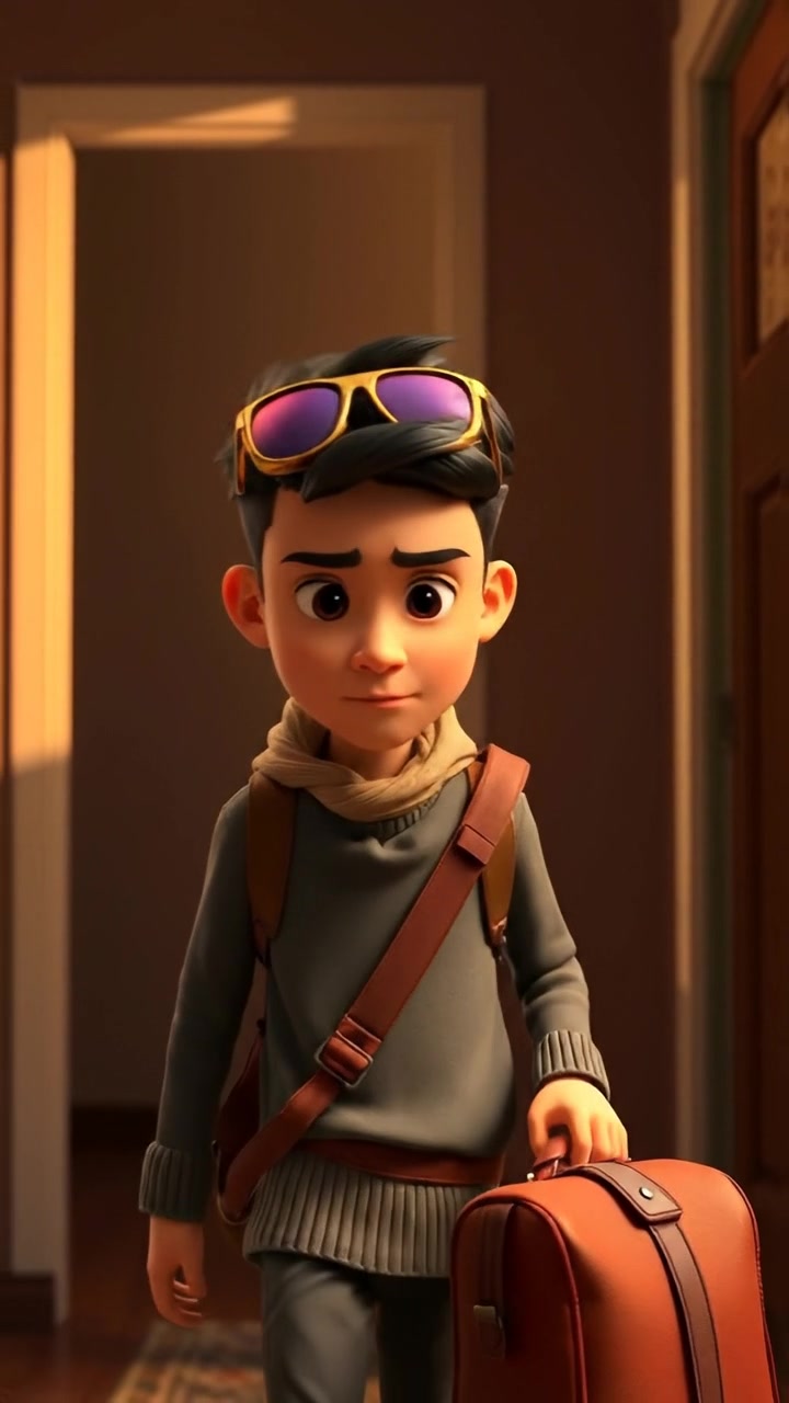 A 3D animated scene featuring Amir, looks determined, standing by a doorway with a packed bag, captured in soft warm lighting with high detail and smooth camera movement. The background exudes a cozy, inviting atmosphere. The audio features gentle ambient sounds of a quiet home.