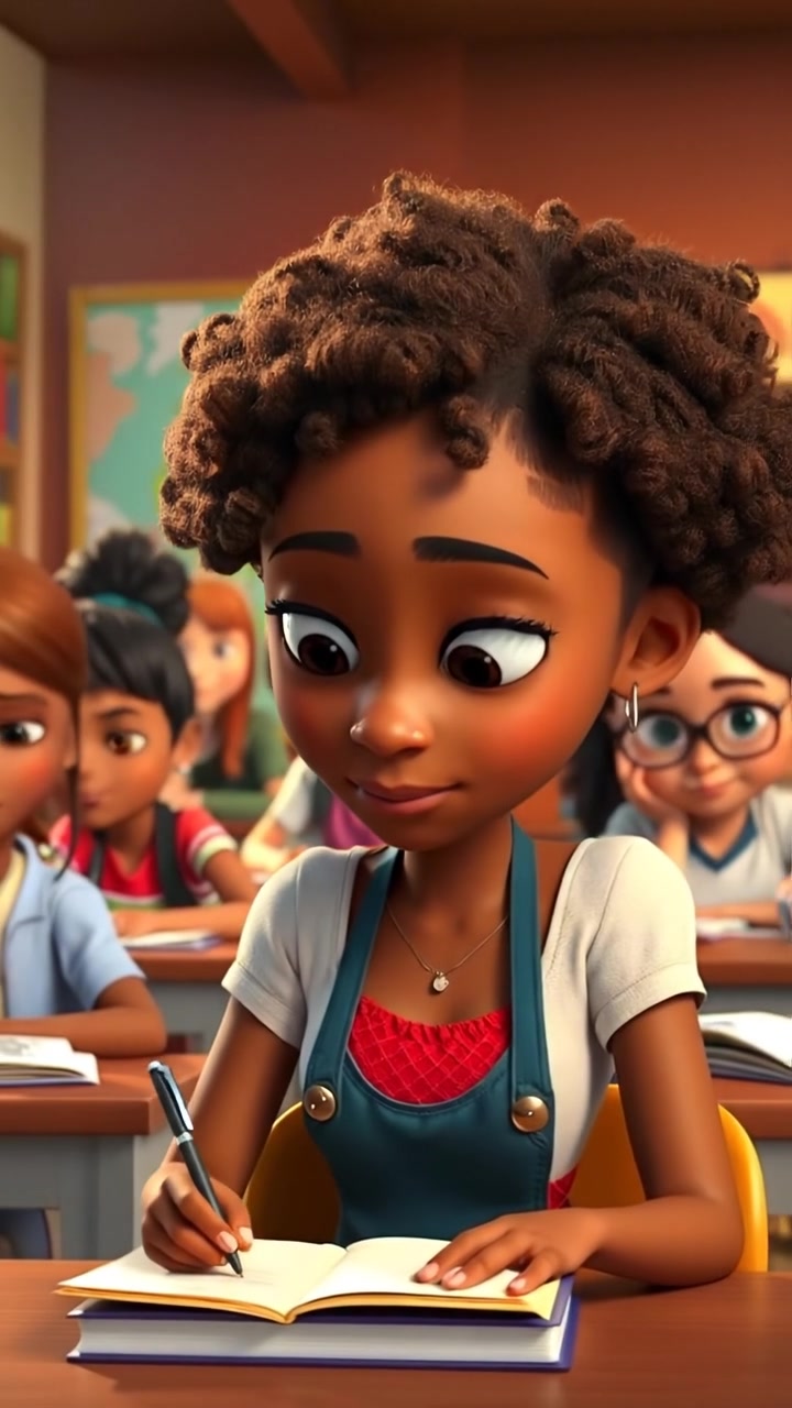 A vibrant 3D animation of a classroom with students studying, featuring Nia prominently in the foreground, bathed in warm natural lighting with soft shadows. The camera smoothly dolly-in to focus on Nia's engaged expression, with a background of shelves filled with books. The audio features gentle classroom ambiance and quiet rustling pages.